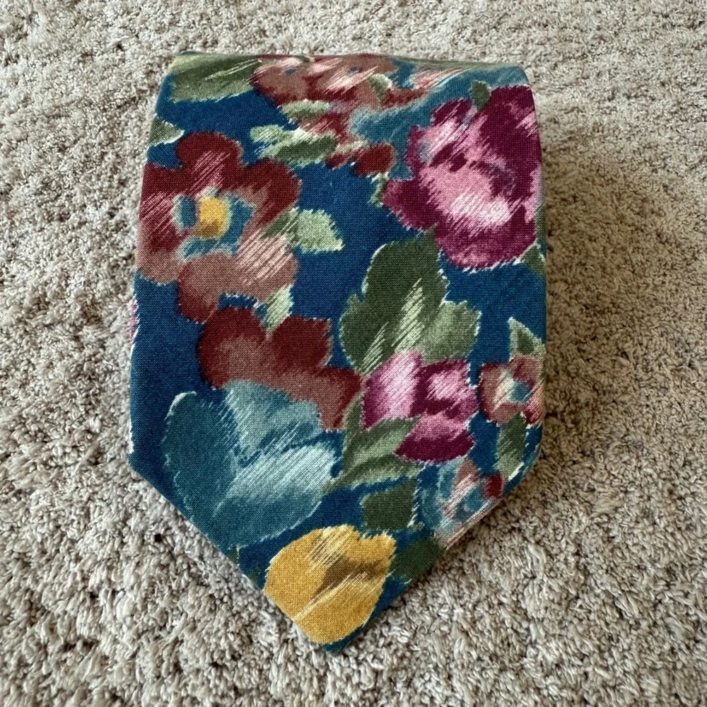 Bert Pulitzer Mens Floral Silk Tie‎ Blue Burgundy Yellow Impressionist 3.5 X 59